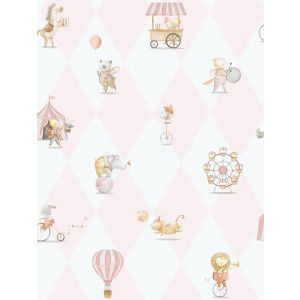 Enzo  282-1 -Papel de parede com bichinhos do circo com fundo losango rosa e branco