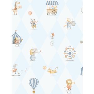 Enzo  282-2 -Papel de parede com bichinhos do circo com fundo losango azul e branco