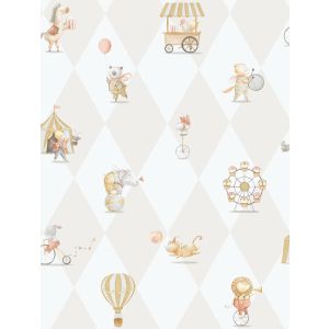 Enzo  282-3 -Papel de parede com bichinhos do circo com fundo losango bege e branco