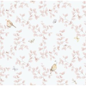 Enzo  284-1 Papel de parede com folhagem rosa, pássaros e borboletas