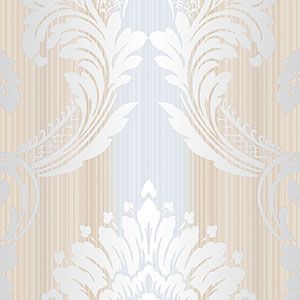 Classic Silks 2  CS35607 Papel de  Parede fundo listra bege azul e medalhao branco 