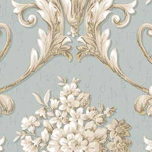 Classic Silks 2  CS35621   Papel de  Parede fundo azul medalhao com flores no centro 