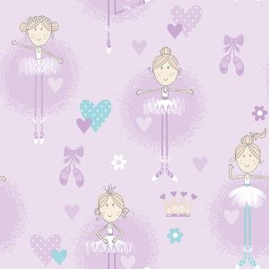 Just for Kids 2  G56507 Papel de Parede bailarinas coroas coracao  fundo lilas 