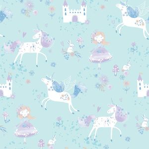 Just for Kids 2  G56524  Papel de  Parede  unicornios fundo azul  princesa castelo 