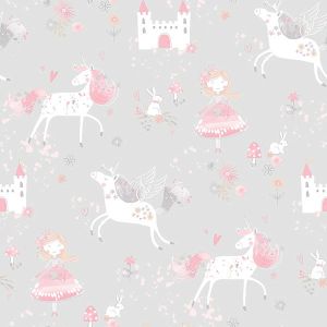 Just for Kids 2  G56525 Papel de  Parede  unicornios fundo cinza  princesa castelo 