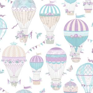 Just for Kids 2  G56543 Papel de Parede  baloes  borboletas lilas  azul tiffany e bege fundo branco 