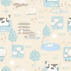 Tiny Tots 2 Papel de parede  G78374 fazendinha vacas porcos ovelhas e galinhas bege e azul 