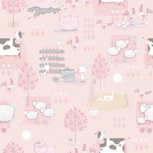 Tiny Tots 2 Papel de parede  G78376 fazendinha vacas porcos ovelhas e galinhas  rosa e cinza 