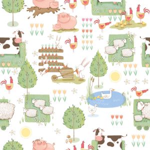 Tiny Tots 2 Papel de parede  G78377 fazendinha vacas porcos ovelhas e galinhas   verde e azul 