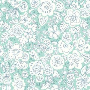 Dream Big   WI0121 Papel de  Parede flores com glitter verde com contornos em azul 