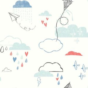 Dream Big   WI0126 Papel de  Parede nuvens com chuva aviao de papel  em azul e vermelho 