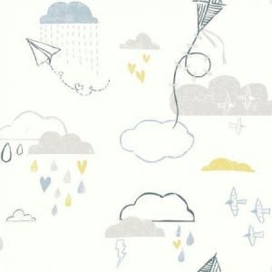 Dream Big   WI0127  Papel de  Parede nuvens com chuva aviao de papel  em cinza amarelo azul 