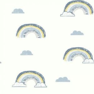 Dream Big   WI0133 Papel de  Parede arco iris com nuvens  azul amarelo e cinza 